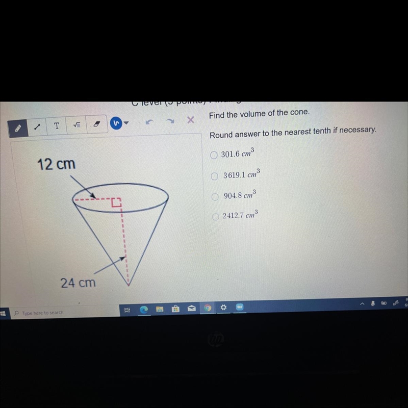 NEED HELP ASAP find the volume of the cone-example-1