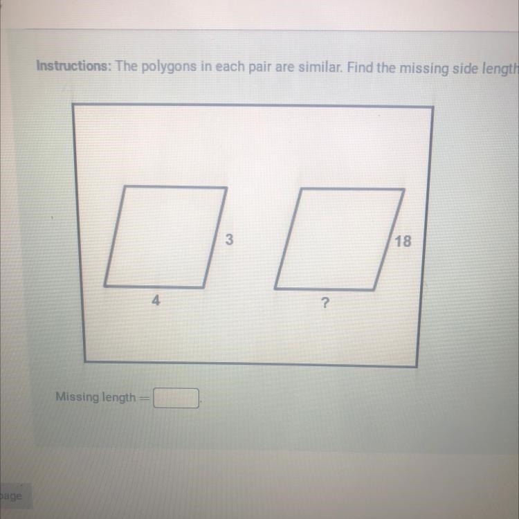 The polygons in each pair are similar. Find the missing side length.-example-1