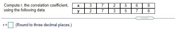 Compute​ r, the correlation​ coefficient, using the following data.-example-1