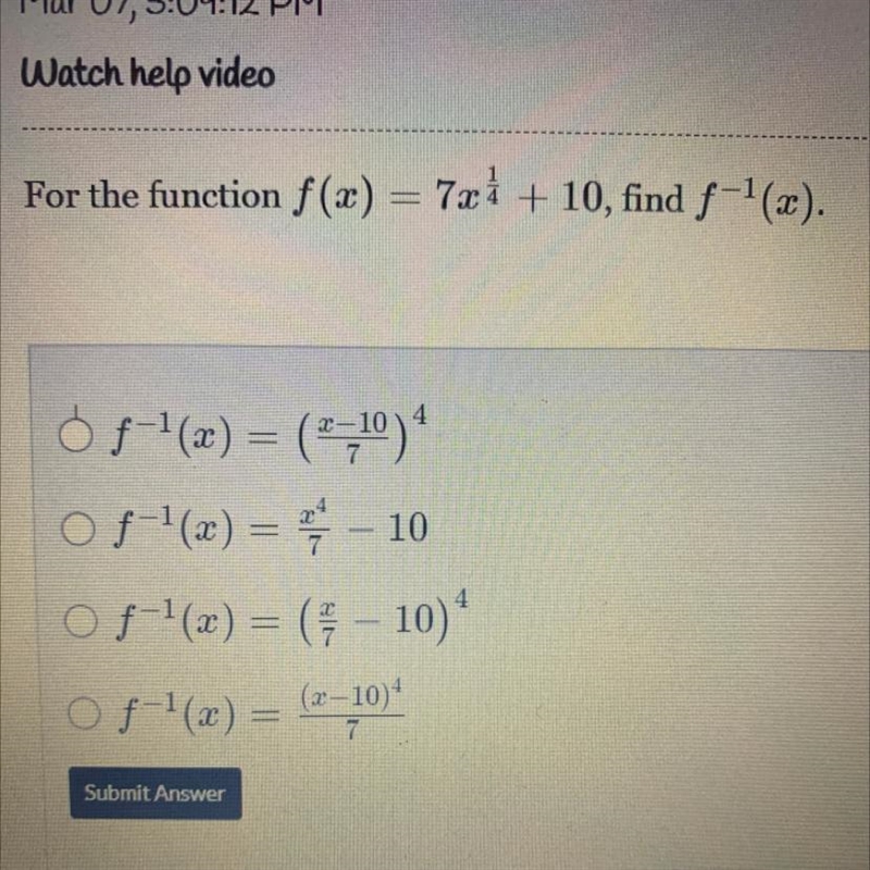 For the function f(x) = 7x1 + 10, find f-1(x). 15 points halp me plz-example-1