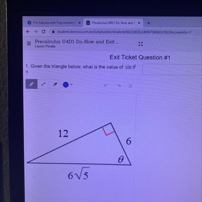 1. Given the triangle below, what is the value of sin 8 ? 12 6 ก 65-example-1