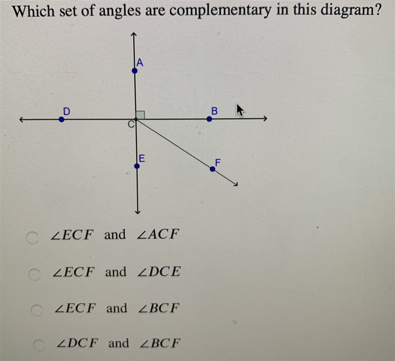 Which set of angles are complementary in this diagram? Please help <3-example-1