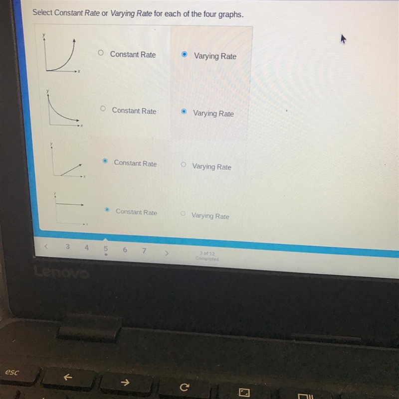 Are these correct? If not which is a varying and constant rate?-example-1