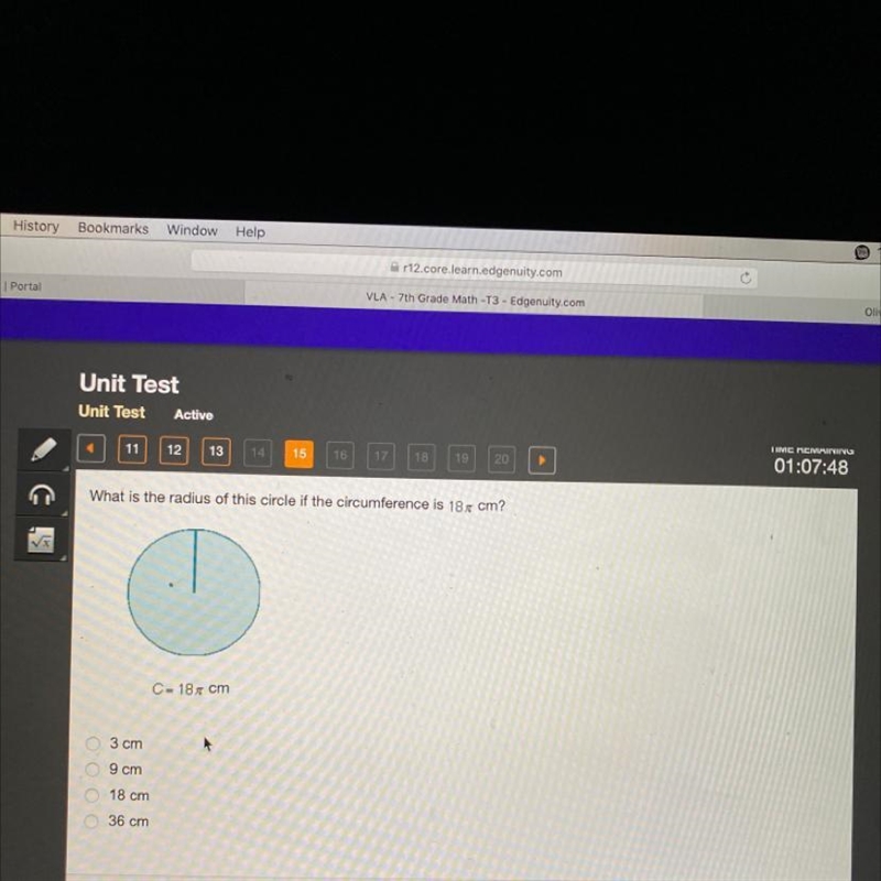 01:09:23 What is the radius of this circle if the circumference is 18 cm? 0 3 cm 9 cm-example-1