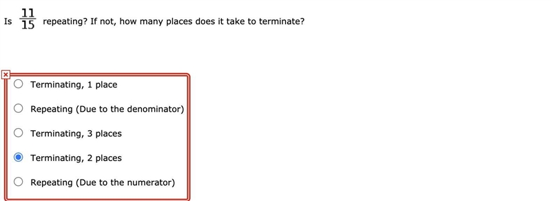 Is 11/15 repeating? If not, how many places does it take to terminate?-example-1