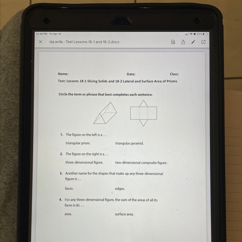 Name: Date: Class: Test: Lessons 18-1 Slicing Solids and 18-2 Lateral and Surface-example-1