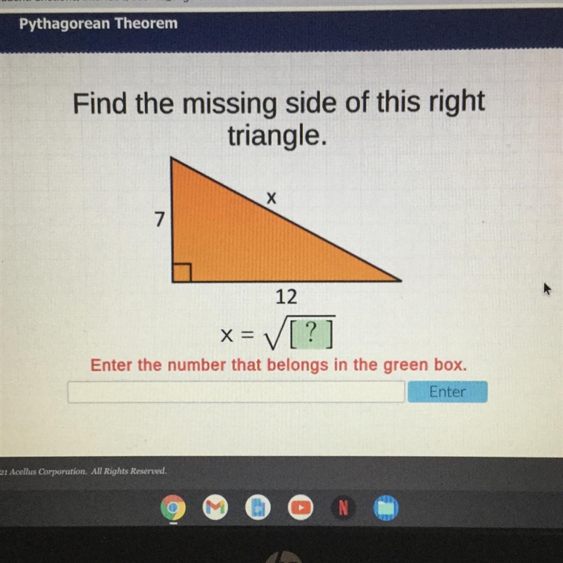 Find the missing side of this right triangle. [Pythagorean Theorem]-example-1