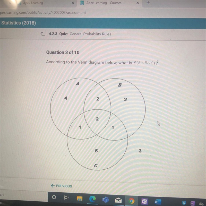 According to the Venn diagram below, what is P(A, BAC)?-example-1