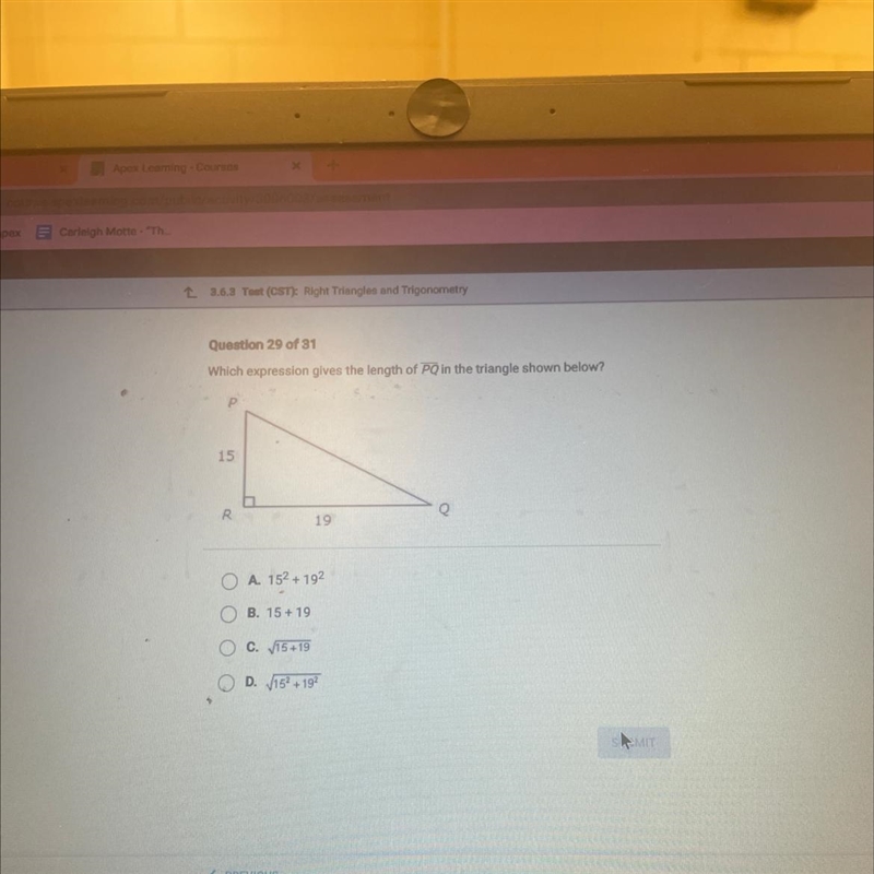 A. 152 + 192 OB. 15+19 c. 15+19 D. 162 +19-example-1