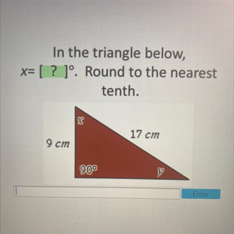 In the triangle below, x= [ ? ]°. Round to the nearest tenth. ANSWER ASAP!!!-example-1