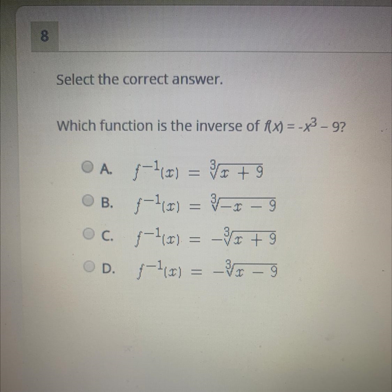 Select the correct answer. Which function is the inverse of f(x) = -x^3 - 9?-example-1