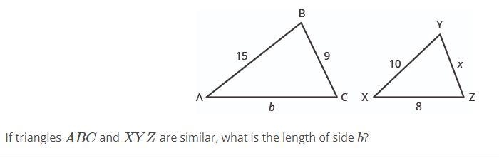 If triangles ABC and XYZ are similar, what is the length of side b?-example-1