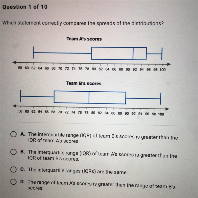 Which statement correctly compares the spreads of the distribution-example-1