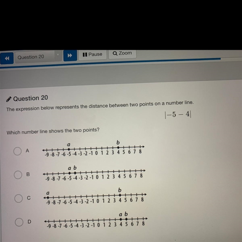 The expression below represents the distance between two points on a number line. |-5 – 4| Which-example-1