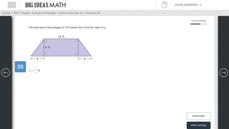 The total area of the polygon is 176 square feet. Find the value of x.-example-1