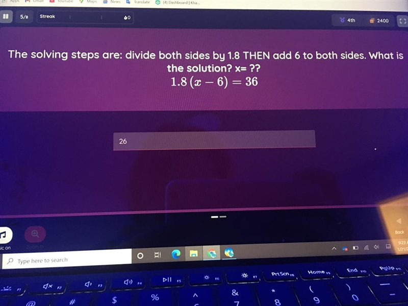 1.8 (x – 6) = 36 I need this fast. I think it’s 26... (x=26) but it says I’m wrong-example-1