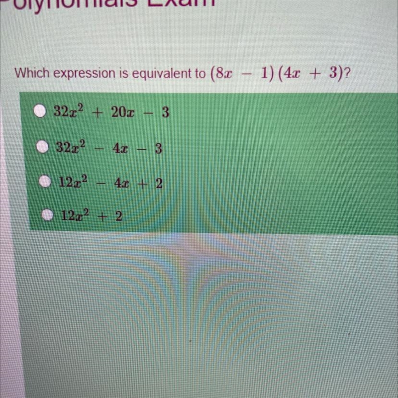 Which expression is equivalent to (8x - 1) (4x + 3) ?-example-1