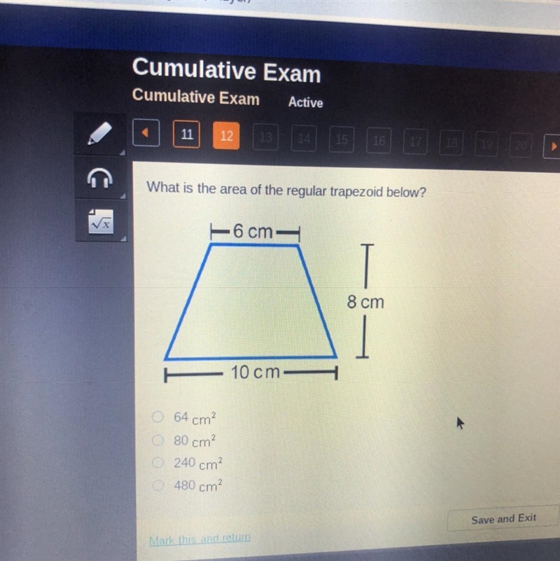 What is the area of the regular trapezoid below? - 6 cm T 8 cm 10 cm-example-1