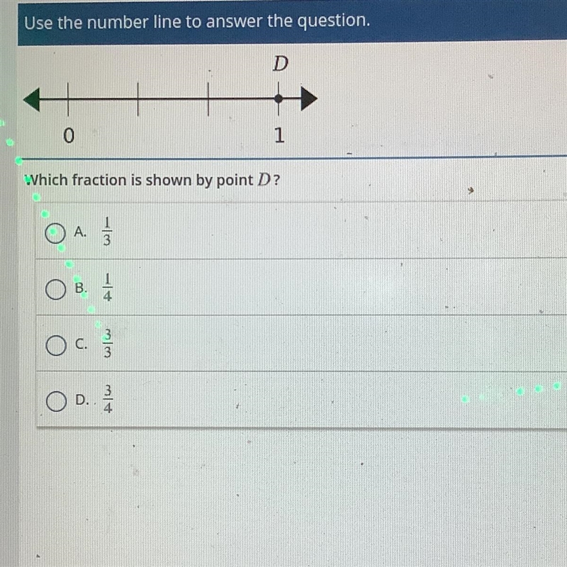 Which fraction is shown by point D? A. 1/3 B. 1/4 C. 3/3 D. 3/4-example-1