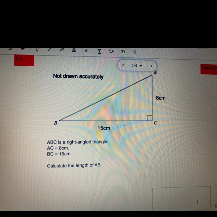 ABC is a right-angled triangle. AC = 8cm. BC 15cm Calculate the length of AB.-example-1