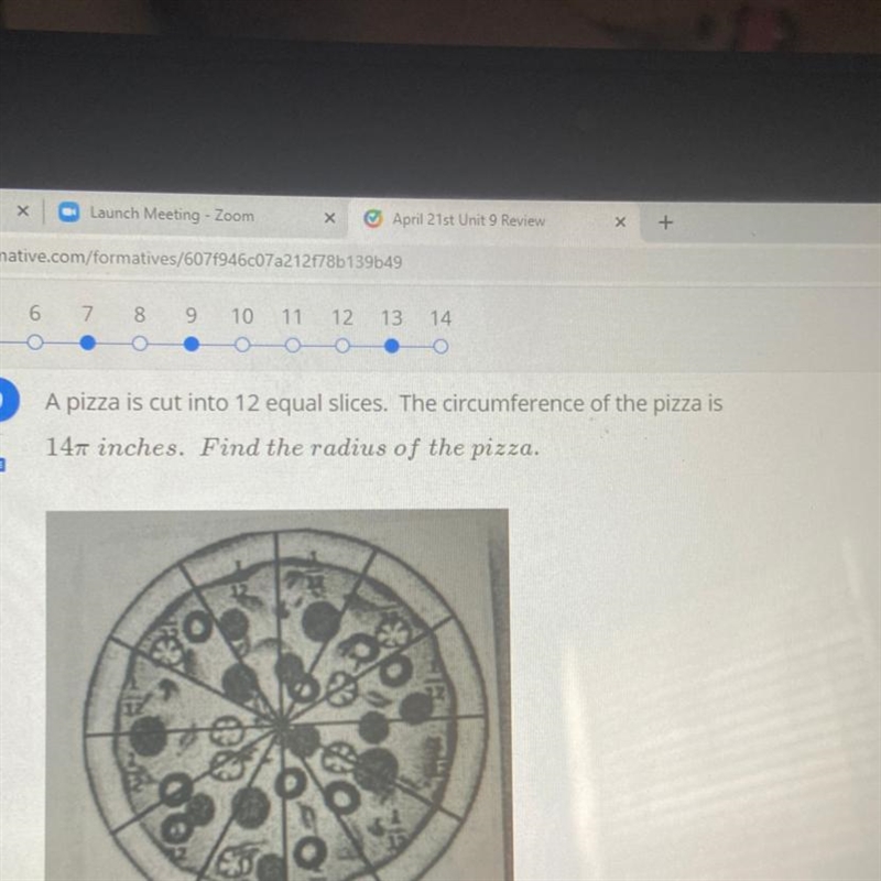 Find the measure of an arc formed by 1 slice of pizza-example-1