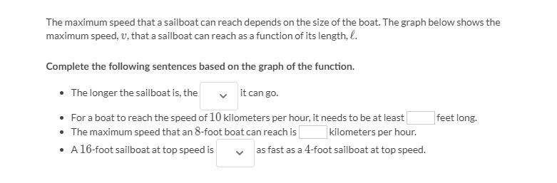 The maximum speed that a sailboat can reach depends on the size of the boat. The graph-example-1