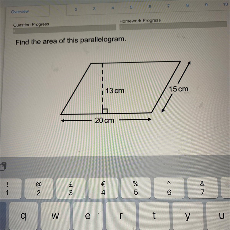 Find the area of this parallelogram. 13 cm 15cm A 20cm-example-1