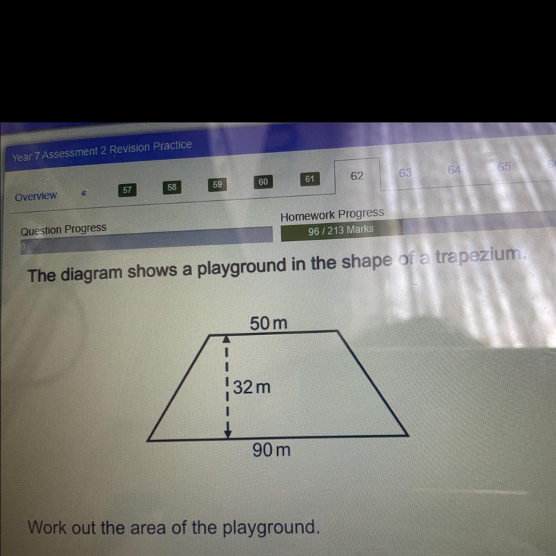 The diagram shows a playground in the shape of a trapezium. 50 m U 32m 90 m Work out-example-1