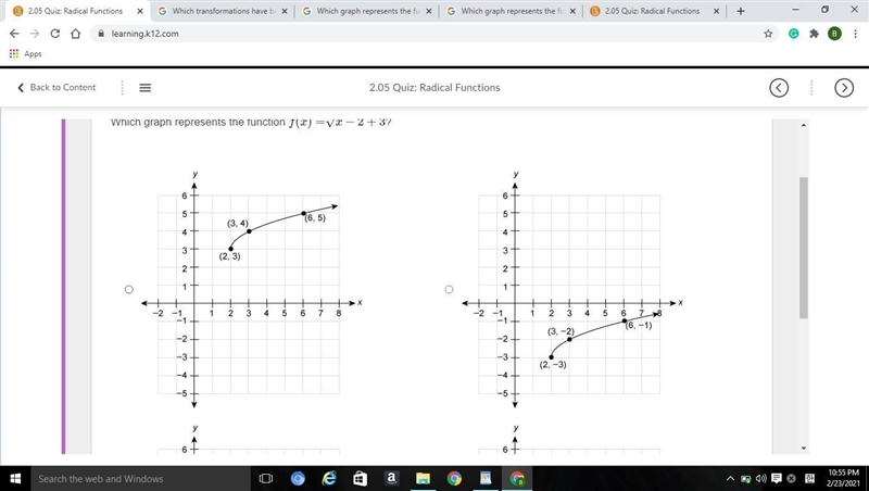 Which graph represents the function f(x)=√x-2+3?-example-2