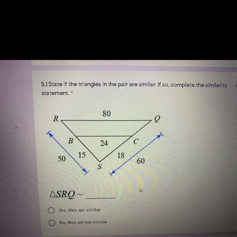 State of the triangles in the pair are similar. If so, complete the similarity statement-example-1