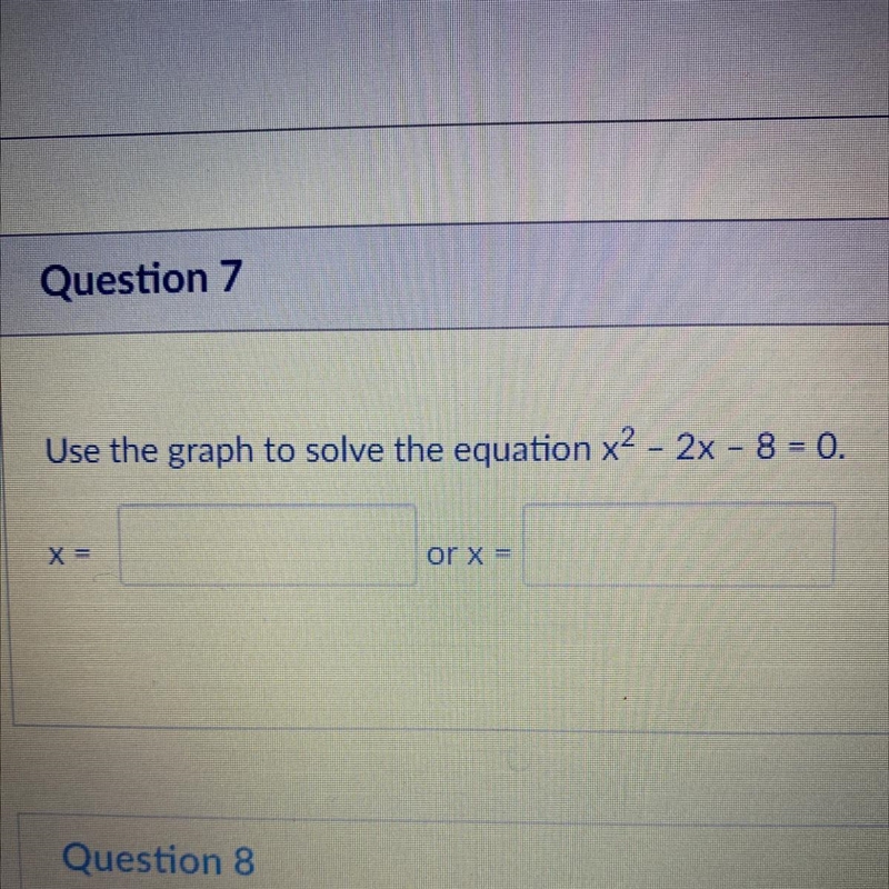 Use the graph to solve the equation x2 - 2x - 8 = 0.-example-1