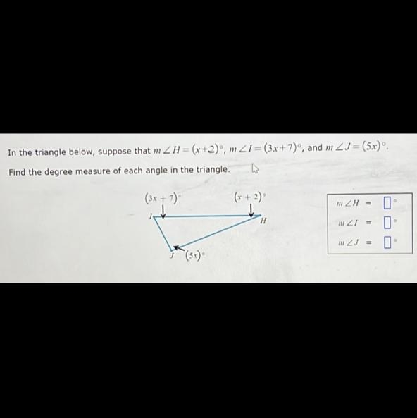 Find the degree measure of each angle in the triangle.-example-1