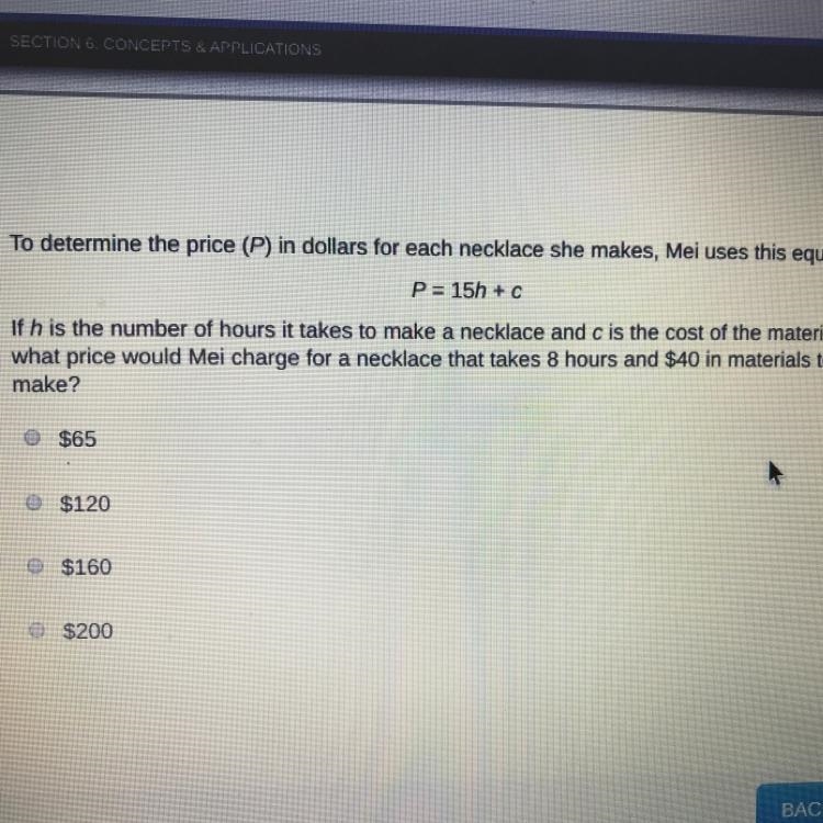 To determine the price (P) in dollars for each necklace she makes, Mei uses this equation-example-1