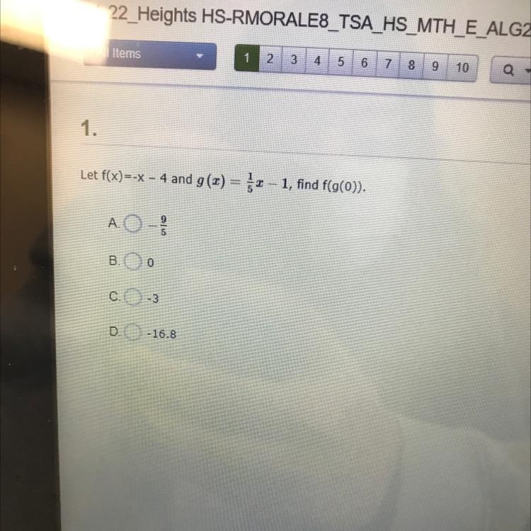 Let f(x) = -x - 4 and g(x) = -1, find f(g(0)).-example-1