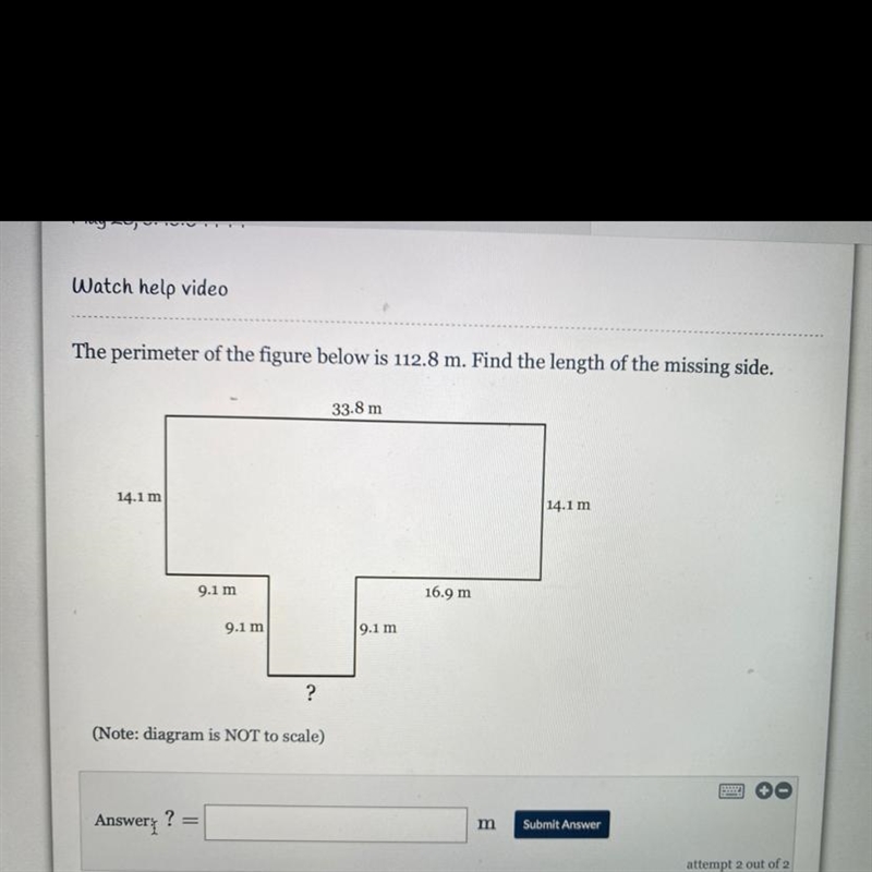 The perimeter of the figure below is 112.8 m. Find the length of the missing side-example-1