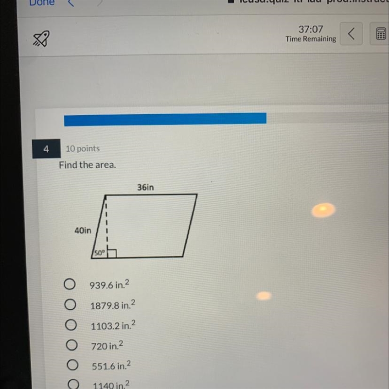 Find the area 36in 40in 50°-example-1