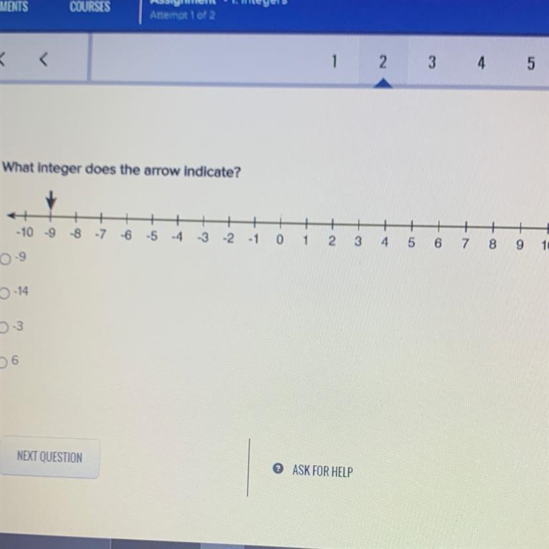 What integer does the arrow indicate? + -8 + + -6 -5 + 3 + 4 + 7 - 10 -9 -7 -4 -3 -2 -1 0 1 2 5 6 8 9 10 0-14 0-3 06-example-1