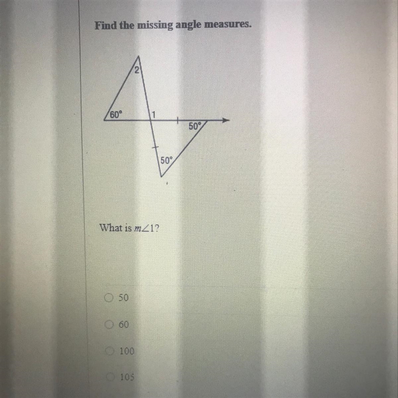 HELP ME PLZ Find the missing angle measures. 60° 1 50 50 What is mZ12-example-1