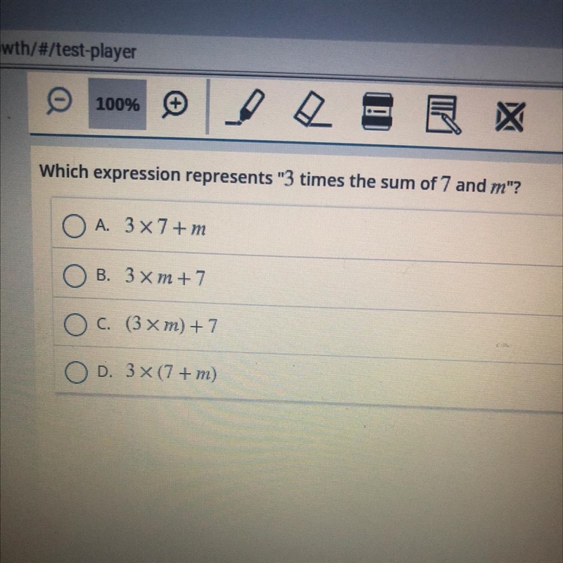 Which expression represent, 3 times the sum of 7 and m.-example-1