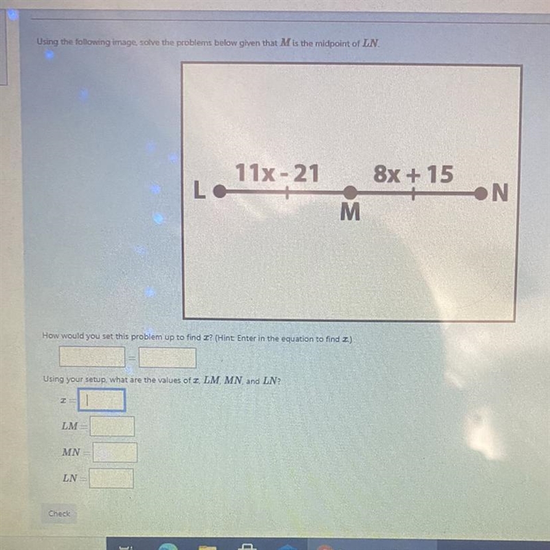 Using the following image-solve the problems below given that M the midpoint of LN-example-1