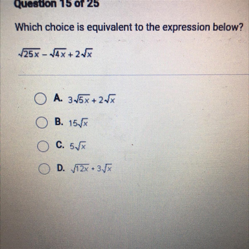 Which choice is equivalent to the expression below? V25x - V4x + 2 VX-example-1