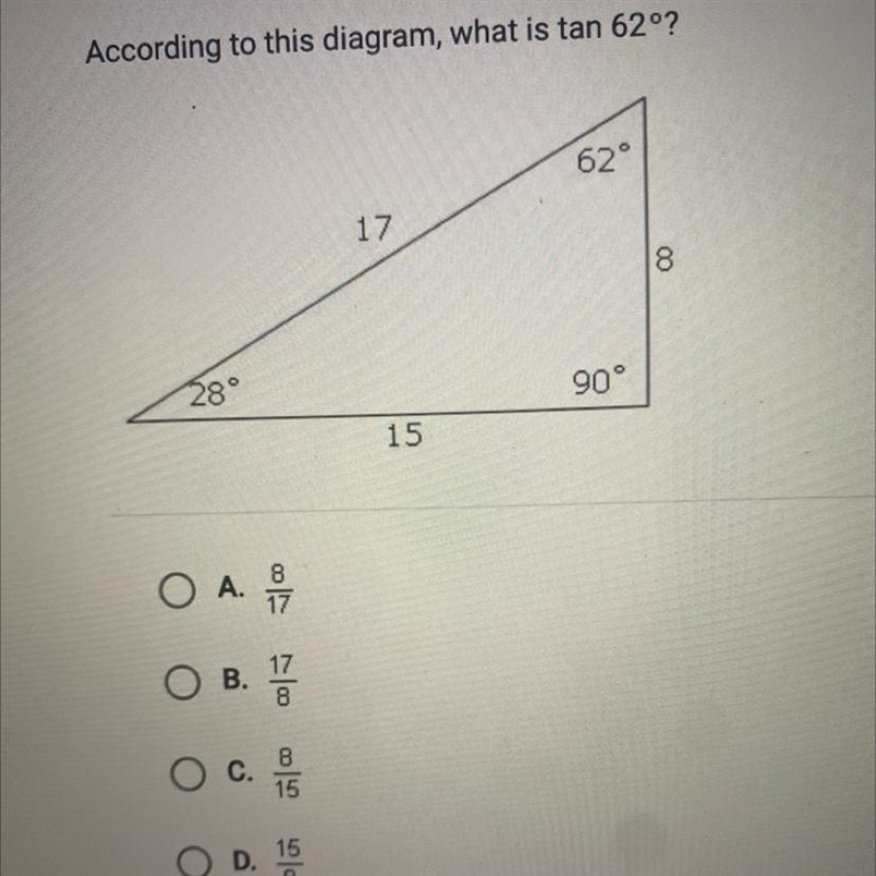 According to this diagram, what is tan 62°? 62° 17 18 280 90° 15 O A. 8 17 OB.끝 O-example-1