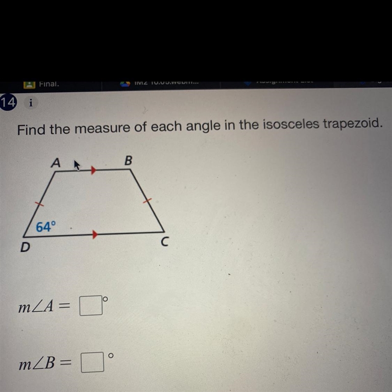 Find the measure of each angle in the isosceles trapezoid.-example-1