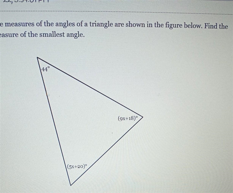 The measures of the angles of a triangle are shown below. find the measure of the-example-1