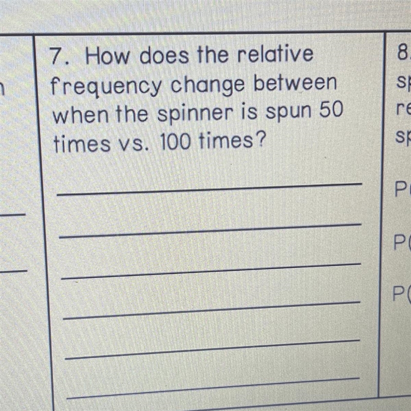 7. How does the relative frequency change between when the spinner is spun 50 times-example-1