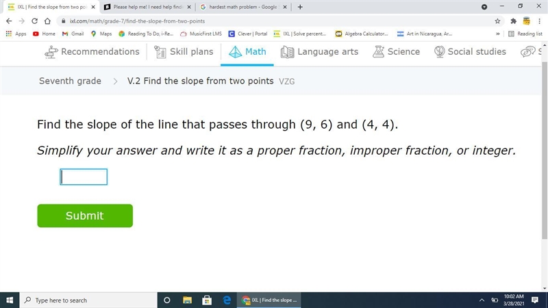 How do you find slopes of two points for example (9, 6) and (4, 4)?-example-1