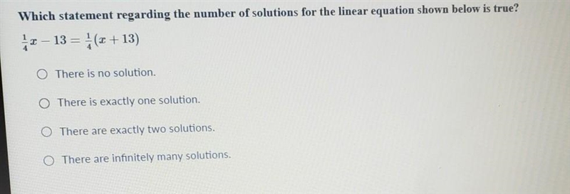 Which statement regarding the number of solutions for the linear equation shown below-example-1