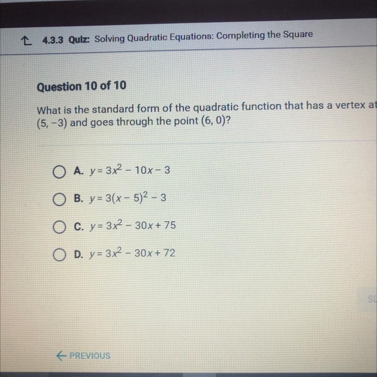 What is the standard form of the quadratic function that has a vertex at (5,-3) and-example-1