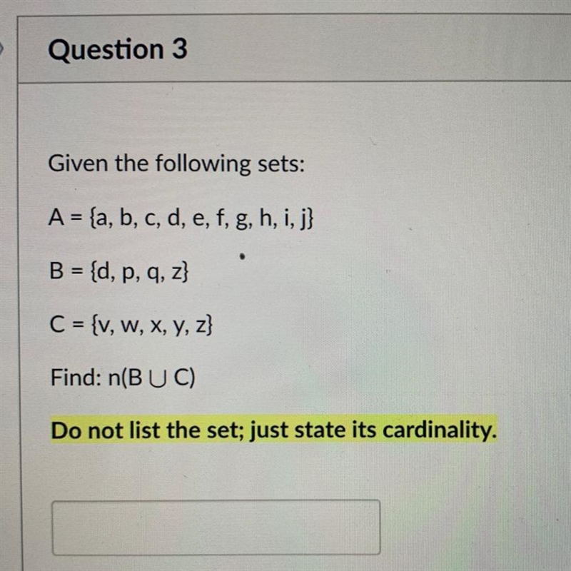 Given the following sets: A = {a, b, c, d, e, f, g, h, i, j} B = {d, p, q, z} C = {v-example-1