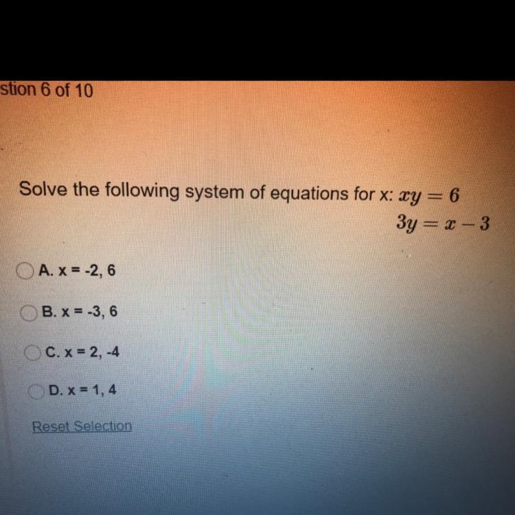 Solve the following system of equations for x: xy = 6 3y = x - 3-example-1